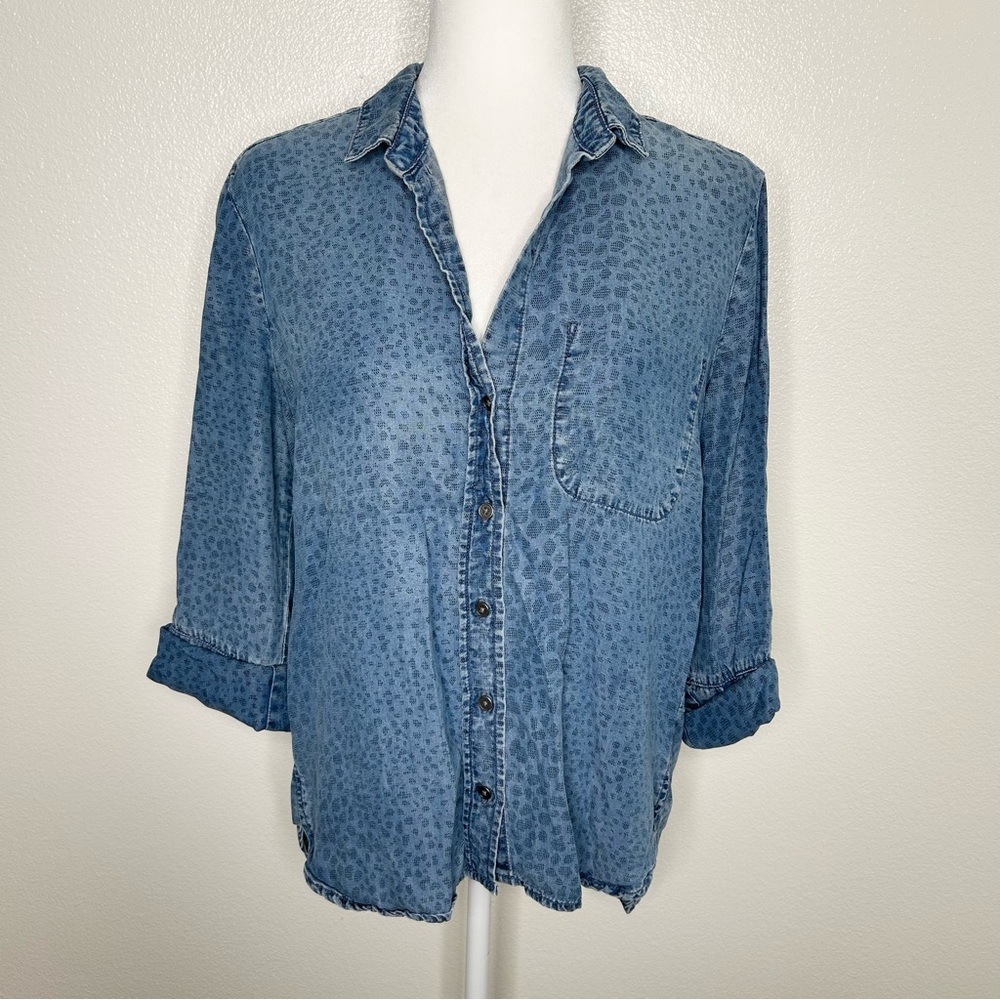 Bella Dahl Womens Printed Chambray Hi-Low Button Down Shirt Size M